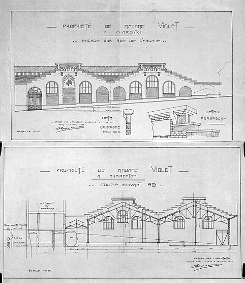 Coupe et élévation des chais sur la rue de l'Arcade : projet.