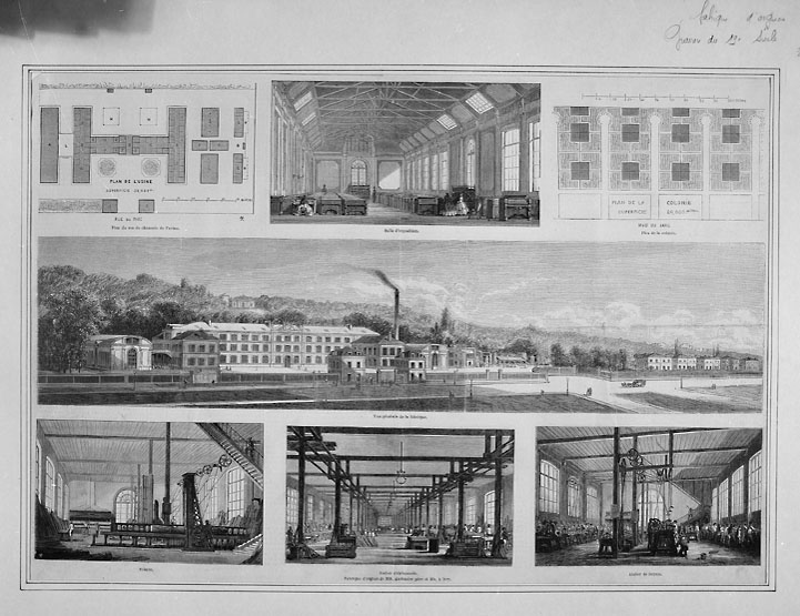 La fabrique des orgues Alexandre : plan masse et vue perspective de l'usine et de la cité ouvrière. Vues intérieures des ateliers et de la salle d'exposition.
