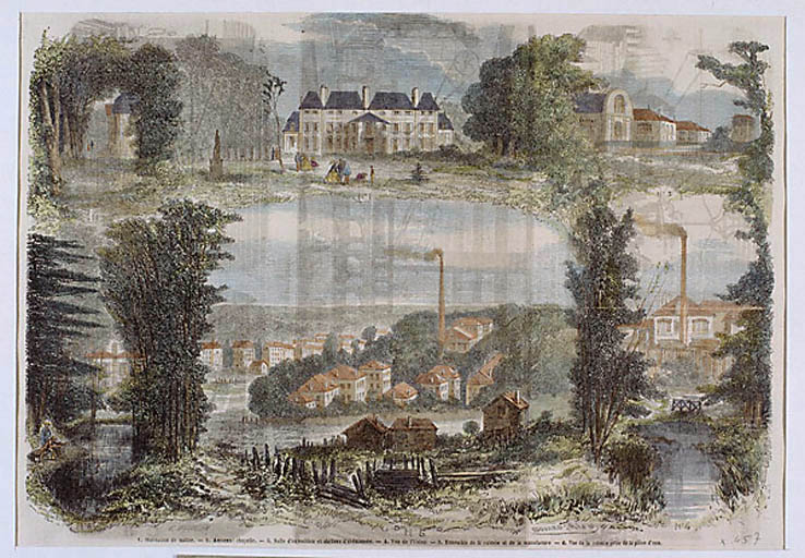 Fabrique des orgues Alexandre : vue de situation du château, de l'usine et de la cité ouvrière.