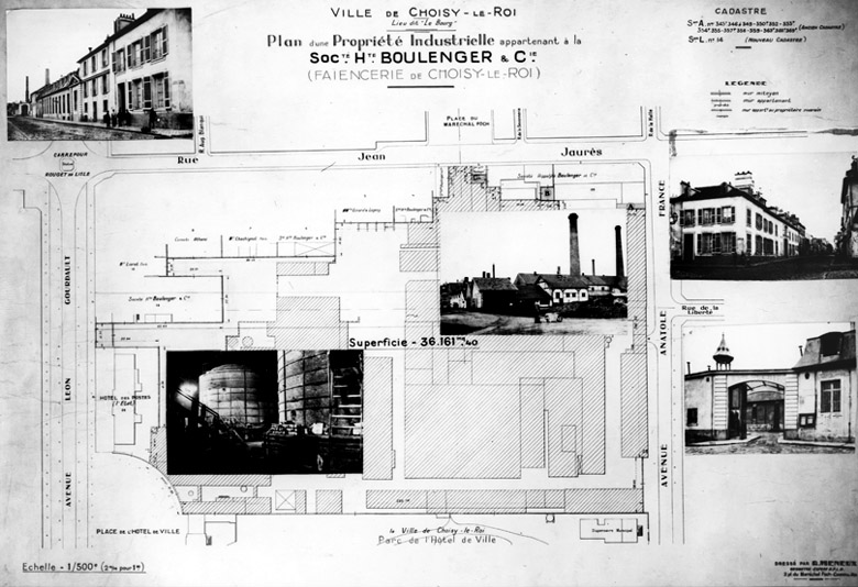 Plan de situation de l'usine vers 1950 accompagné de photographies.