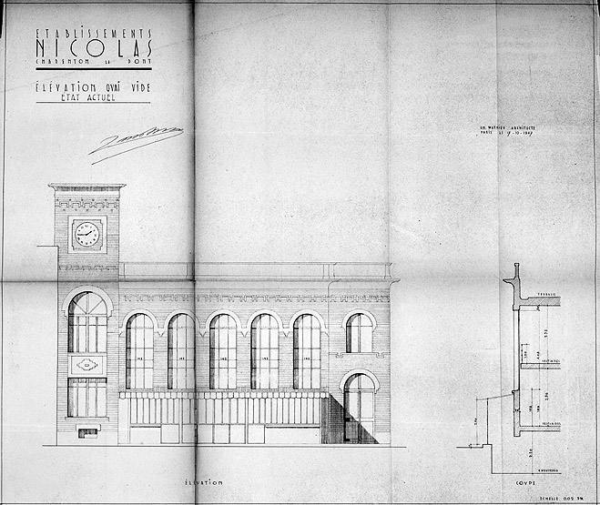 Coupe et élévation du bâtiment sur la cour d'entrée boulevard Saint-Maurice.