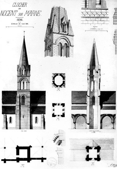 Plans, coupe, élévations et détails du clocher.