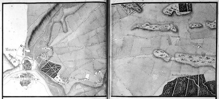 Extrait de l'Atlas de Trudaine : carte de Melun et de ses environs.