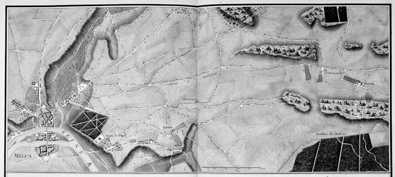 Extrait de l'Atlas de Trudaine : carte de Melun et de ses environs.