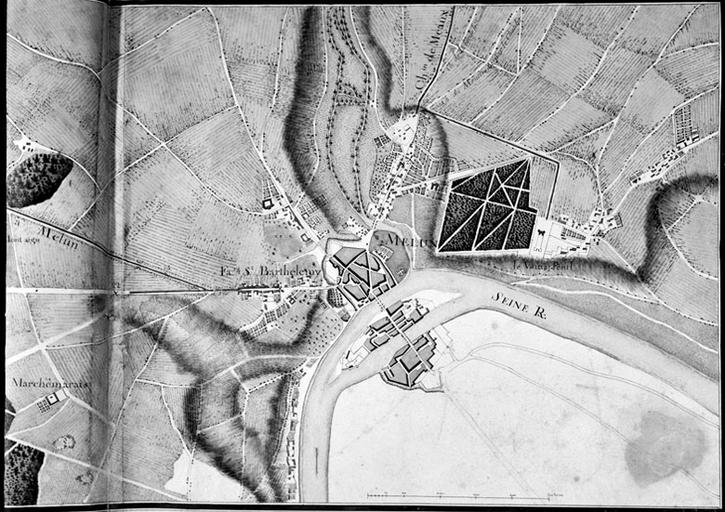 Extrait de l'Atlas de Trudaine : carte de Melun et de ses environs. Détail du cliché 86770109P (Doc21).