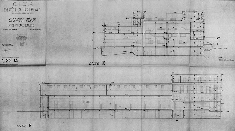 Coupes transversale (en haut) et longitudinale (en bas), 1er projet, 1953.