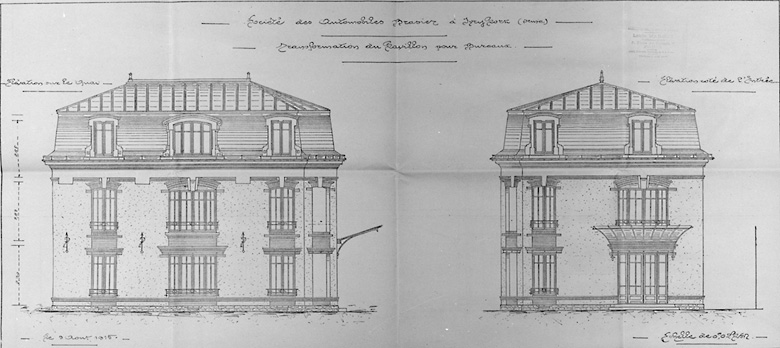 Façade des pavillons transformés en bureaux, août 1915.