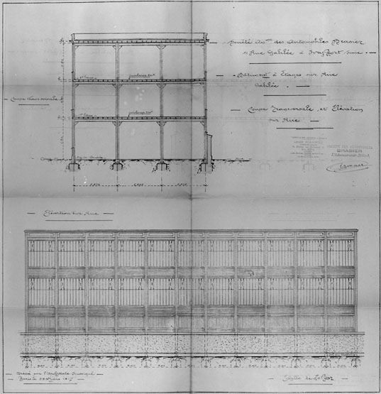 Coupe et élévation du bâtiment métallique sur la rue Galilée, premier projet, mars 1917.
