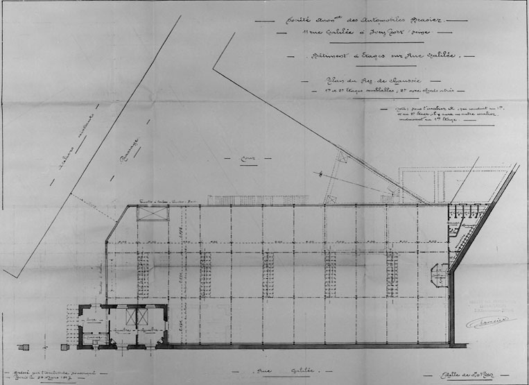 Plan du rez-de-chaussée du bâtiment à étages sur la rue Galilée, mars 1917.