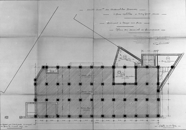 Plan des sous-sols et des fondations du bâtiment à l'étage sur la rue Galilée, avril 1917.