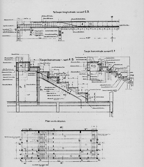 Ferraillage de l'abri du stade (démoli) et détail de ciment armé de la tribune.