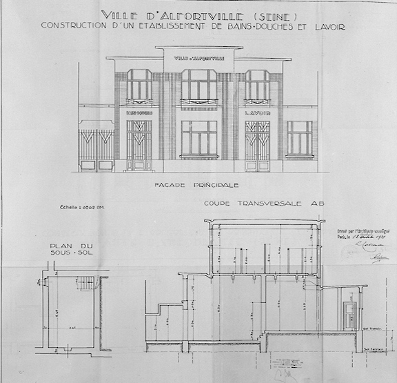 Elévation de la façade principale et coupe transversale : première version avec le toit-terrasse.