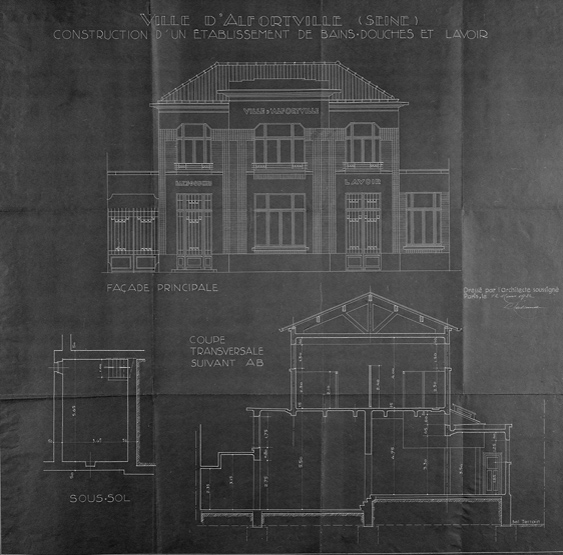 Elévation de la façade principale et coupe transversale : version définitive avec le toit à longs-pans.