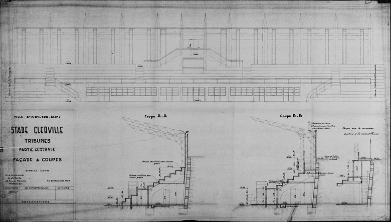 Tribunes, partie centrale : façades et coupes.