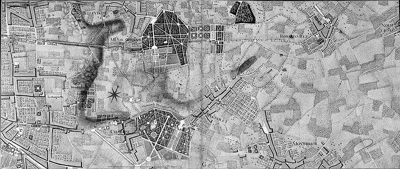 Carte du 18e siècle : vue sur Montreuil, Bagnolet, Romainville, Ménilmontant, Charonne, Belleville.