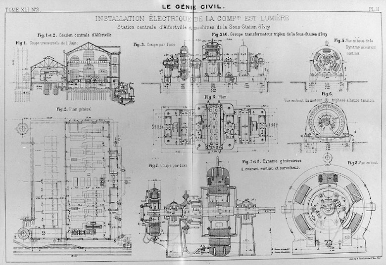Plan et coupe transversale de l'usine d'Alfortville et machines de la sous-station d'Ivry.