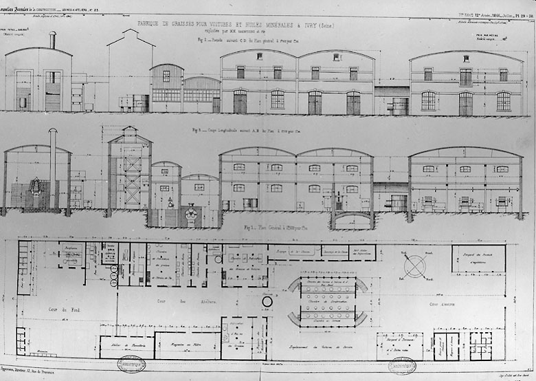 Plan général de l'usine, coupe et élévation.