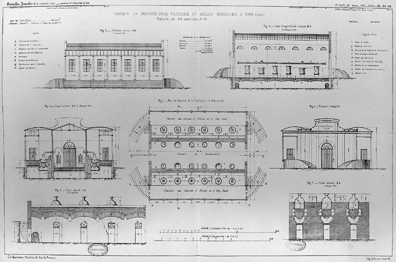 Laboratoire : plan, coupe et élévation avec détail de la chambre des cornues.