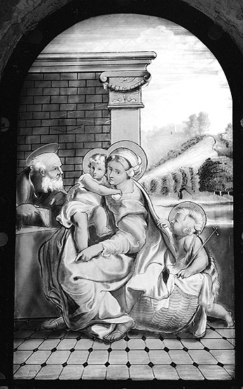 Verrière: la Sainte Famille. Copie inversée d'après Michel-Ange.