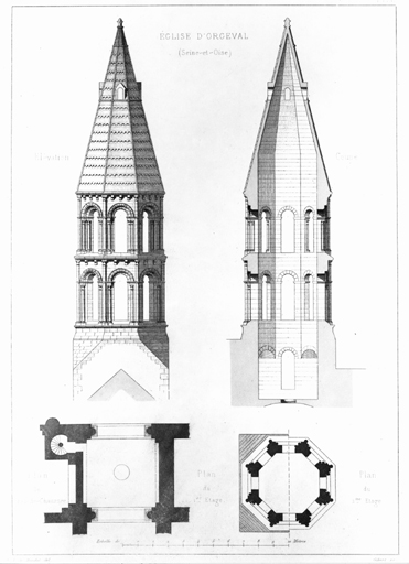 Elévations, coupe et plans du clocher.