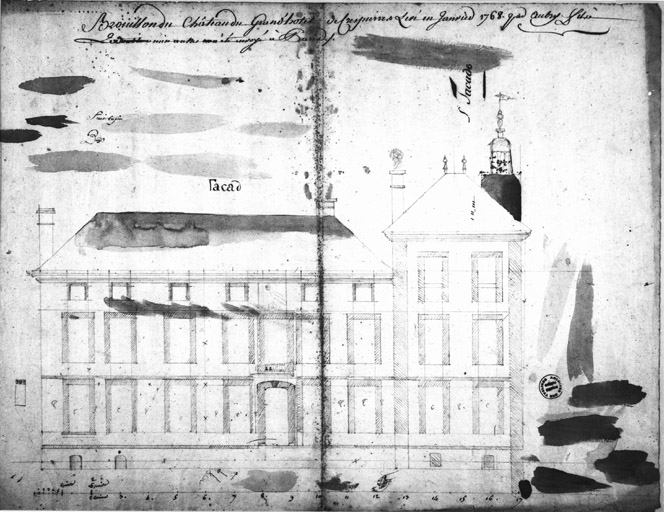 Dessin de la façade sur parc en janvier 1768.