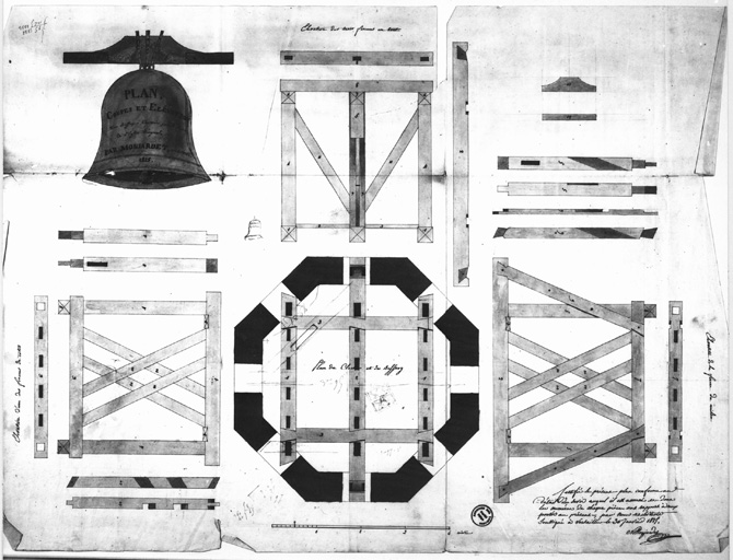 Coupe et élévation du beffroi.