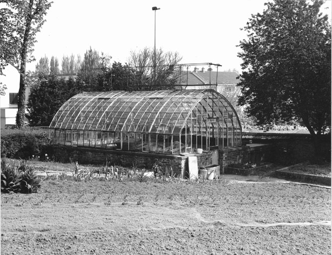 Vue de la serre avec une partie du potager en premier plan.