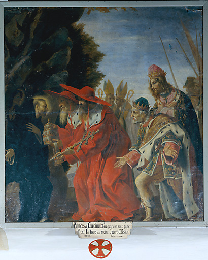 Tableau : princes et Cardinaux, en quête d'un saint pape, offrant la tiare au moine Pierre Célestin