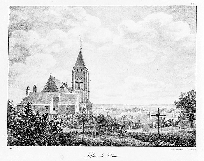 Vue d'ensemble de l'église, de la cure et du cimetière de Thiais prise de l'ouest.