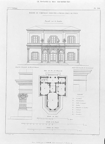 Plan du rez-de-chaussée, élévation postérieure et détail des sculptures.