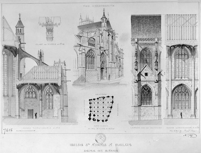 Coupe transversale, vue perspective, plan, travée rue des Cloches, coupe longitudinale.