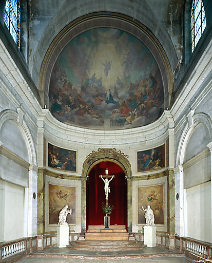 5 peintures murales : saint Louis offrant son épée et sa couronne à Jésus Christ et à la Vierge, saint Louis et les pestiférés, Mort de saint Louis, nuées d'anges (décor de choeur)