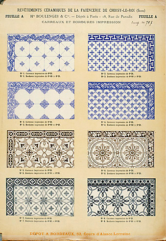 Catalogue des Revêtements Céramiques de la Faïencerie de Choisy le Roi, 1898 : Feuille A, carreaux et bordures impression.