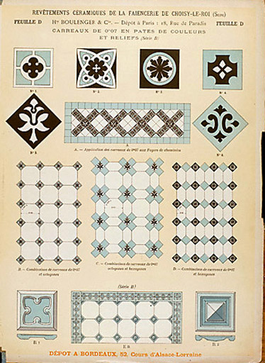 Catalogue des Revêtements Céramiques de la Faïencerie de Choisy le Roi, 1898 : Feuille D, carreaux en pates de couleurs et reliefs (série B).