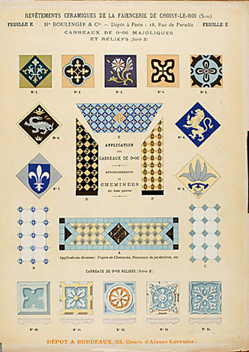 Catalogue des Revêtements Céramiques de la Faïencerie de Choisy le Roi, 1898 : Feuille E, carreaux majoliques et reliefs (série B).