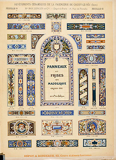 Catalogue des Revêtements Céramiques de la Faïencerie de Choisy le Roi, 1898 : Feuille G, panneaux et frises en majolique grand feu.