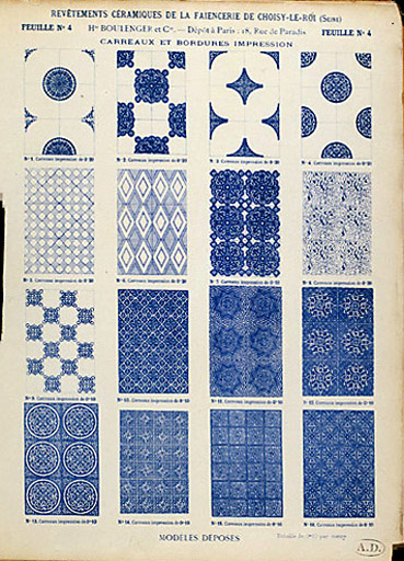 Catalogue des Revêtements Céramiques de la Faïencerie de Choisy le Roi, 1893 : Feuille n°4, carreaux et bordures impression.