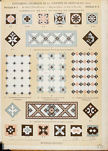 Catalogue des Revêtements Céramiques de la Faïencerie de Choisy le Roi, 1893 : Feuille n°5, carreaux en pates de couleurs.