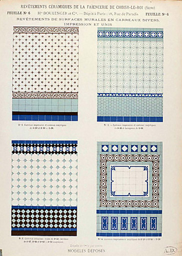 Catalogue des Revêtements Céramiques de la Faïencerie de Choisy le Roi, 1893 : Feuille n°6, revêtements de surfaces murales en carreaux divers, impression et unis.