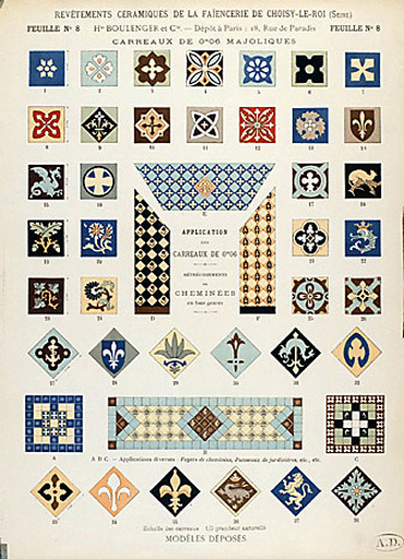 Catalogue des Revêtements Céramiques de la Faïencerie de Choisy le Roi, 1893 : Feuille n°8, carreaux majoliques.