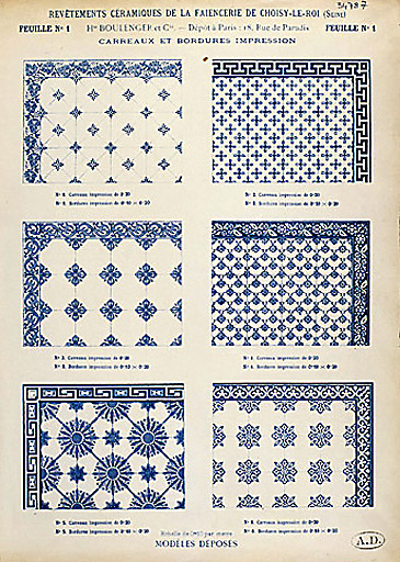 Catalogue des Revêtements Céramiques de la Faïencerie de Choisy le Roi, 1893 : Feuille n°1.