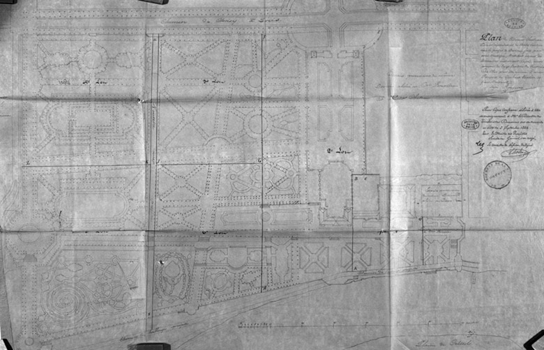 Copie du plan du château, parc et dépendances portant le projet de division par Rougevin (architecte-expert des domaines nationaux).