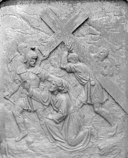 Détail d'un panneau : La chute du Christ au cours de son chemin de croix.