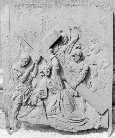 Détail d'un panneau : La chute du Christ au cours de son chemin de croix.