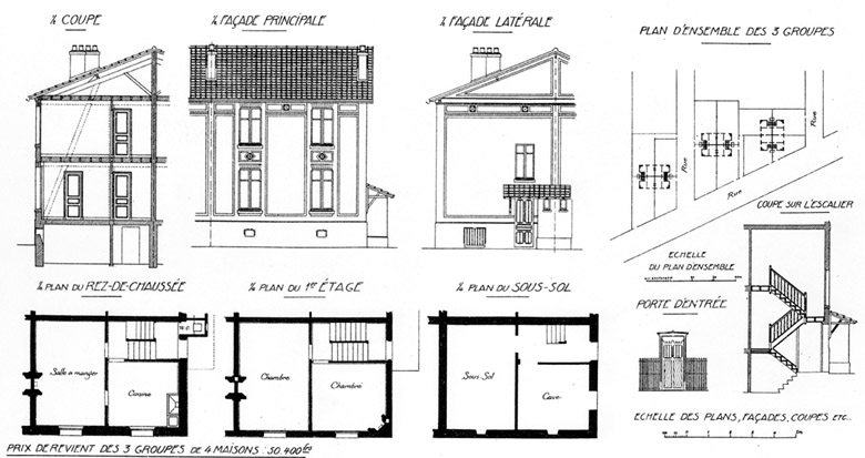 La faïencerie : plans, coupes et élévations de maisons ouvrières jumelées par 4.