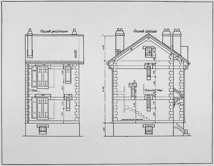 Elévations latérale et postérieure de maisons jumelles édifiées vers 1920.