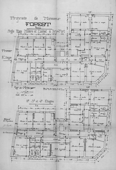 Plan du premier étage et des deuxième, troisième et quatrième étages.