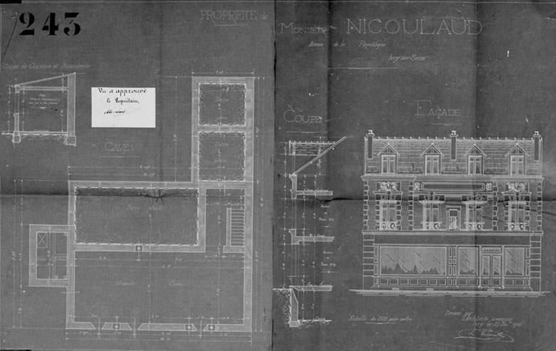 Plan du sous-sol, coupe transversale, coupe de cuisine et buanderie et élévation antérieure.