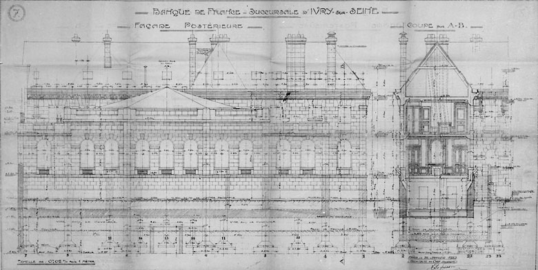 Agrandissement de 1922-1923, coupe et élévation postérieure.