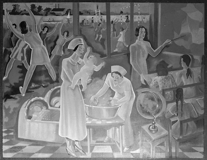 5 peintures monumentales (décor d'architecture, décor intérieur) : fables de La Fontaine, contes de Perrault et vielles chansons françaises, travaux féminins, arts plastiques et imprimerie, travaux des champs et ouvriers à l'usine